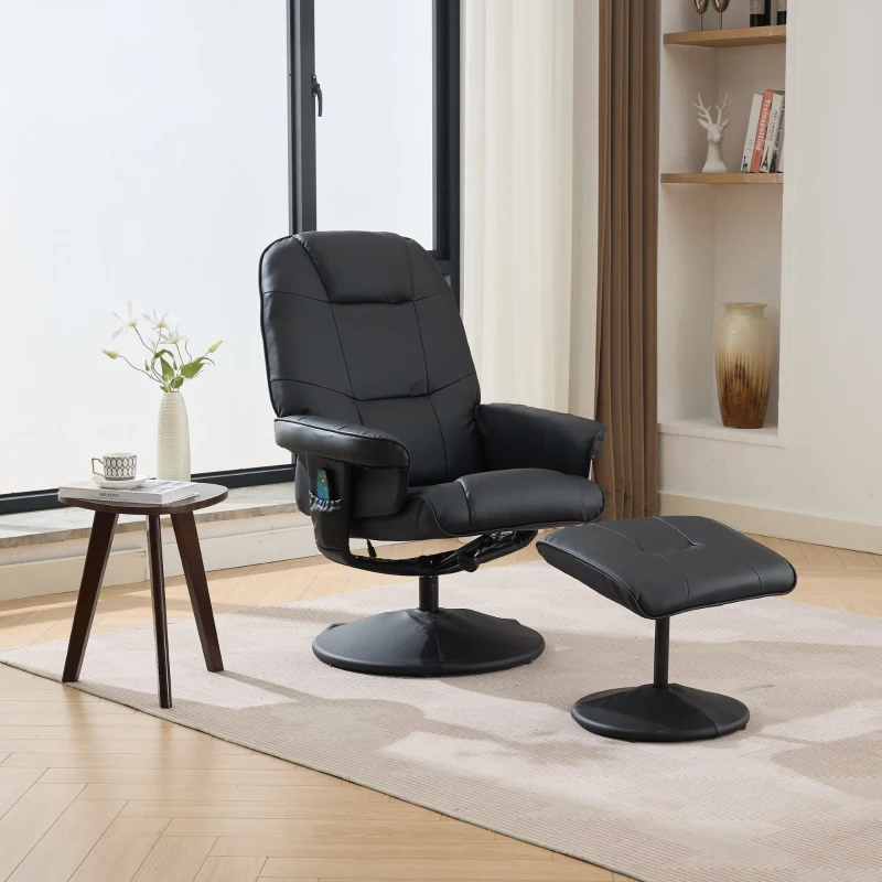 Fauteuil de massage avec fonction d'inclinaison, fauteuil relax en tissu PU, rotation à 360°, chauffage & repose-pieds, 75x79,5x107 cm, Noir