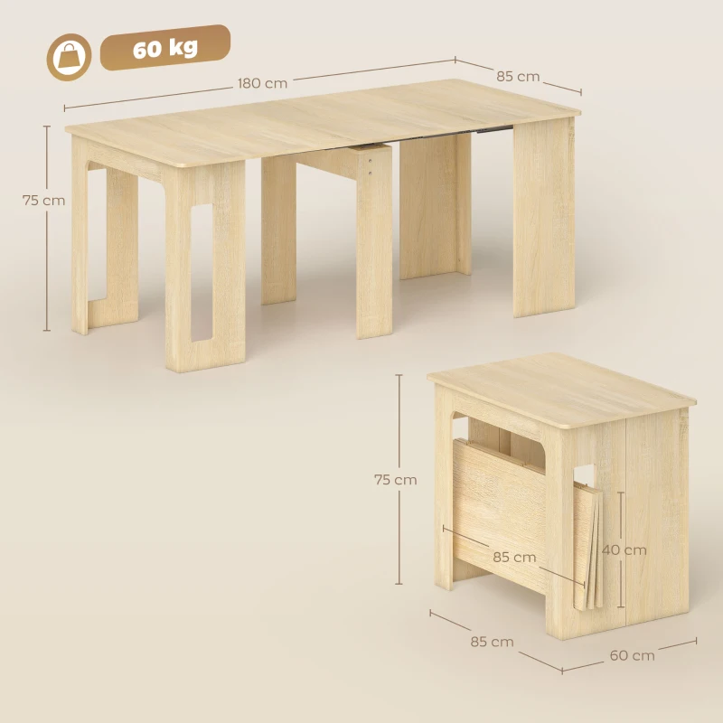 HOMCOM Mesa de comedor, Mesa plegable, mesa de cocina extensible, mesa de comedor, Tablero de partículas, 60-180 x 85 x 75 cm, Naturaleza