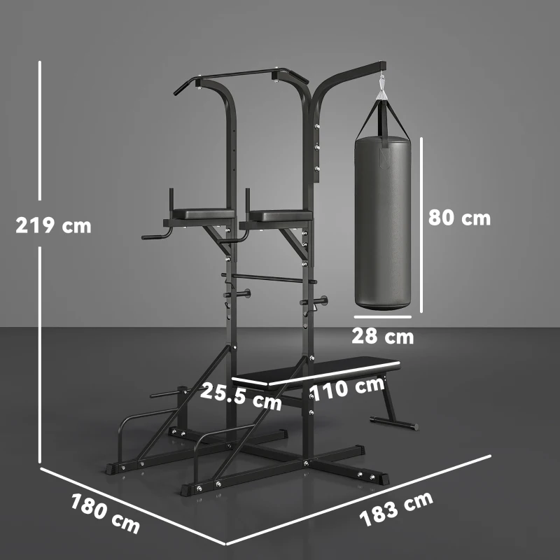 HOMCOM Krachtstation met optrekstang, multifunctioneel dipstation, trainingsapparaat voor thuis, met bokszak, fitness, staal, zwart, 180 x 183 x 219 cm