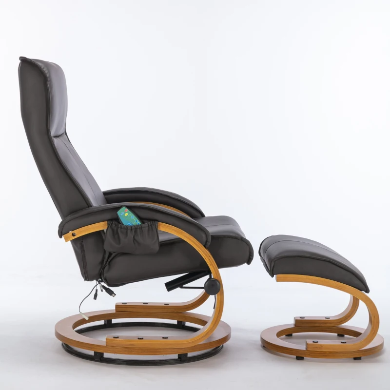 Poltrona massaggiante a 5 punti con base in legno curvato e rivestita in pelle PU, 67x85x103 cm, Marrone