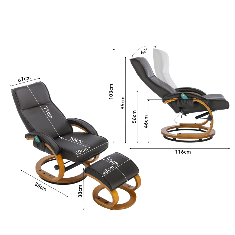 Poltrona massaggiante a 5 punti con base in legno curvato e rivestita in pelle PU, 67x85x103 cm, Marrone