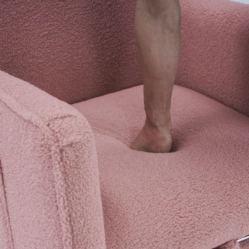 Sedia a dondolo con poggiapiedi e schienale alto, in tessuto Teddy, 67x96-127x96 cm, Rosa