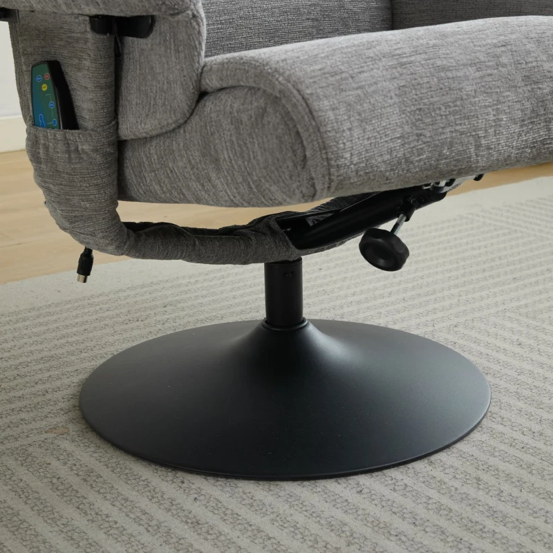 Fotoliu de relaxare cu funcție de înclinare și masaj în 5 puncte, fotoliu TV cu funcție de încălzire electrică și taburet, rotativ 360°, material chenille, 75,5x77x100 cm, Gri