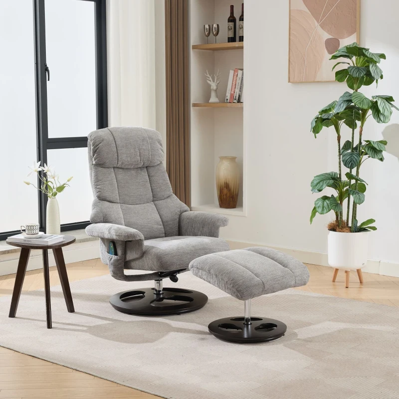 Fauteuil relax confortable avec fonction massage et chaleur, pivotant à 360°, fonction inclinable & repose-pieds, tissu chenille, 81x83,5x111 cm, Gris