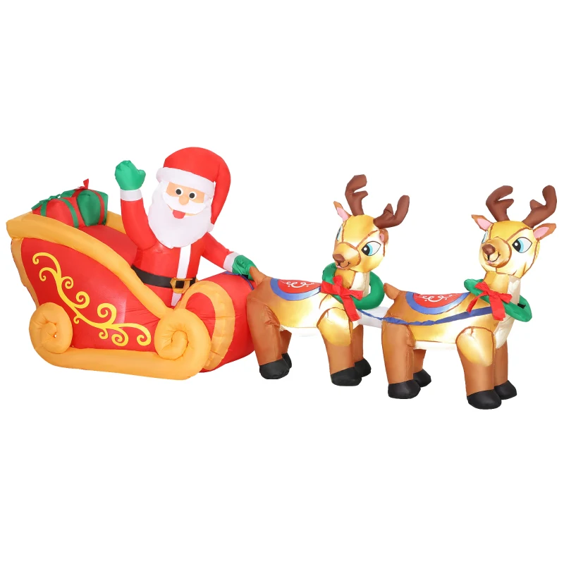 Outsunny Papá Noel Hinchable con Trineo y Renos Inflables de Navidad con Luces LED para Exterior e Interior 240x75x100 cm