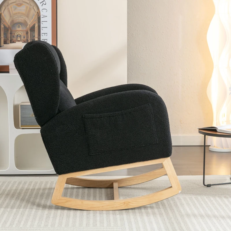 Fauteuil à bascule moderne avec revêtement en tissu Teddy, fauteuil à oreilles avec design ergonomique à dossier en aile, pour salon et chambre, 71x96,5x101 cm, Noir