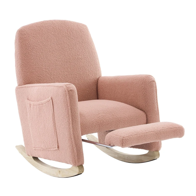 Schaukelstuhl mit Hocker, Relaxsessel mit hoher Rückenlehne, Teddy-Stoff, 67x96-127x96 cm, Rosa