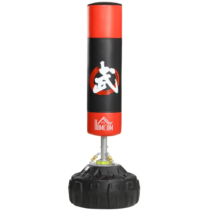 HOMCOM Saco de Boxeo de Pie, Soporte de Boxeo para Adultos, Base Grande Rellenable de Arena 60 kg / Agua 50 kg, Resortes Amortiguador para Entrenamiento de Fitness, en Casa, Ø60x180 cm, Negro y Rojo