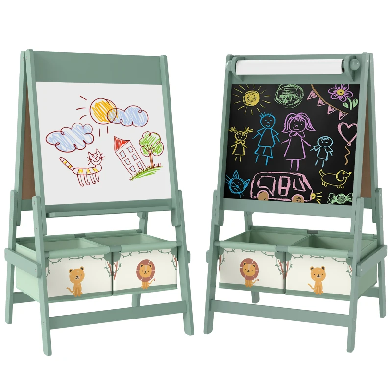 AIYAPLAY Cavalete de Pintura para Crianças 3 em 1 para Crianças acima de 3 Anos com Rolo de Papel e Cestos de Arrumação 54x46x94 cm Verde