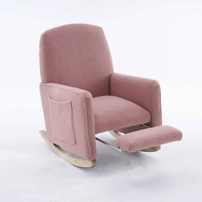 Sedia a dondolo con poggiapiedi e schienale alto, in tessuto Teddy, 67x96-127x96 cm, Rosa