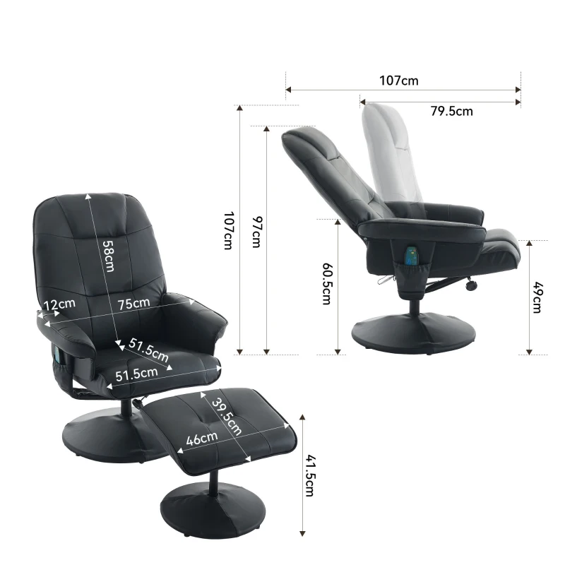Poltrona massaggiante e reclinabile in tessuto PU con rotazione a 360° e poggiapiedi, 75x79.5x107 cm, Nero