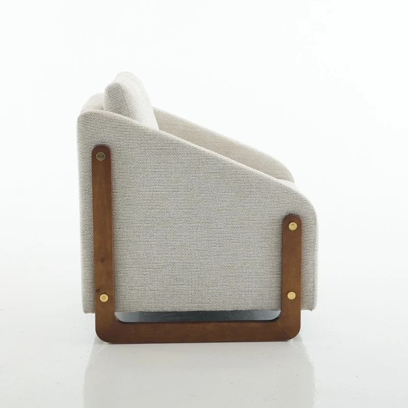Fauteuil au style moderne pour salon, avec accoudoirs en bois et coussin de dossier, tissu chenille, 73,5x73,5x73,5 cm, Beige