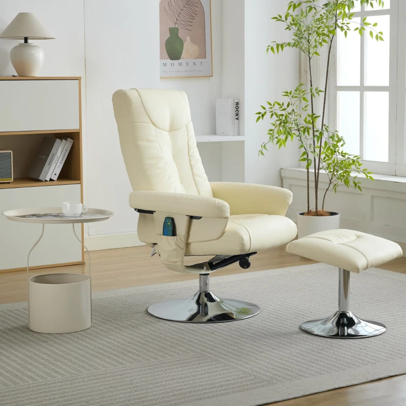 Poltrona relax, reclinabile e massaggiante a 5 punti, con funzione di riscaldamento elettrico e poggiapiedi, girevole a 360°, in tessuto PU, 75x76x103 cm, Beige