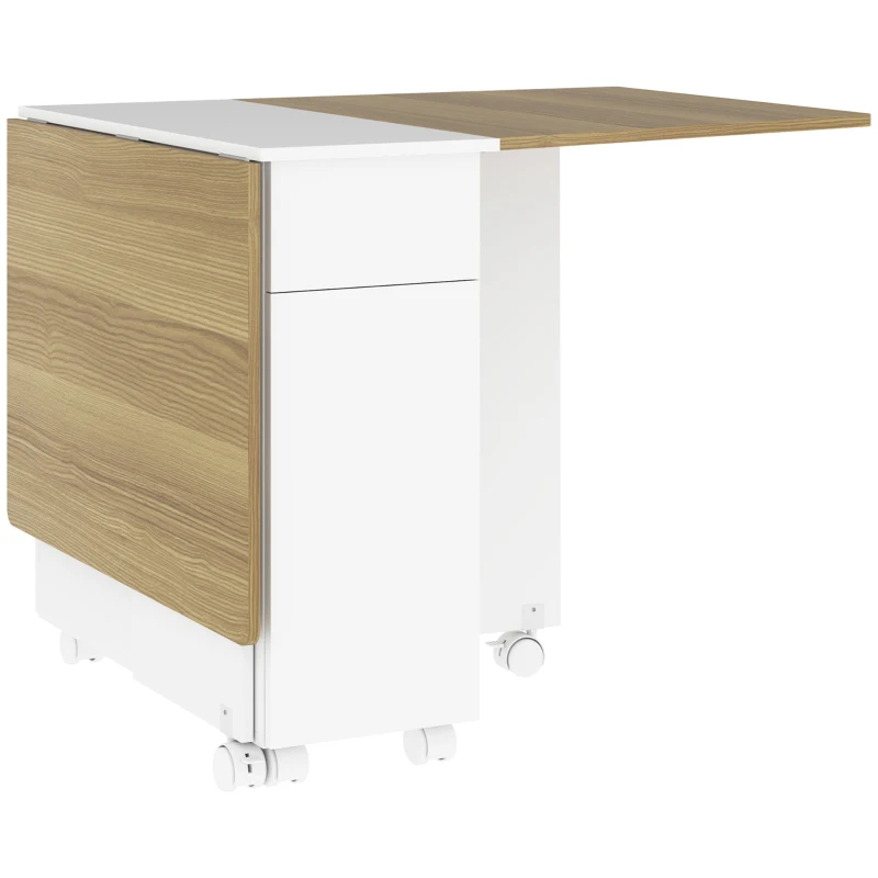 HOMCOM Mesa de comedor plegable para 2-6 personas, mesa de cocina con ruedas y 2 cajones 2 armarios, 140x76x74cm, blanco