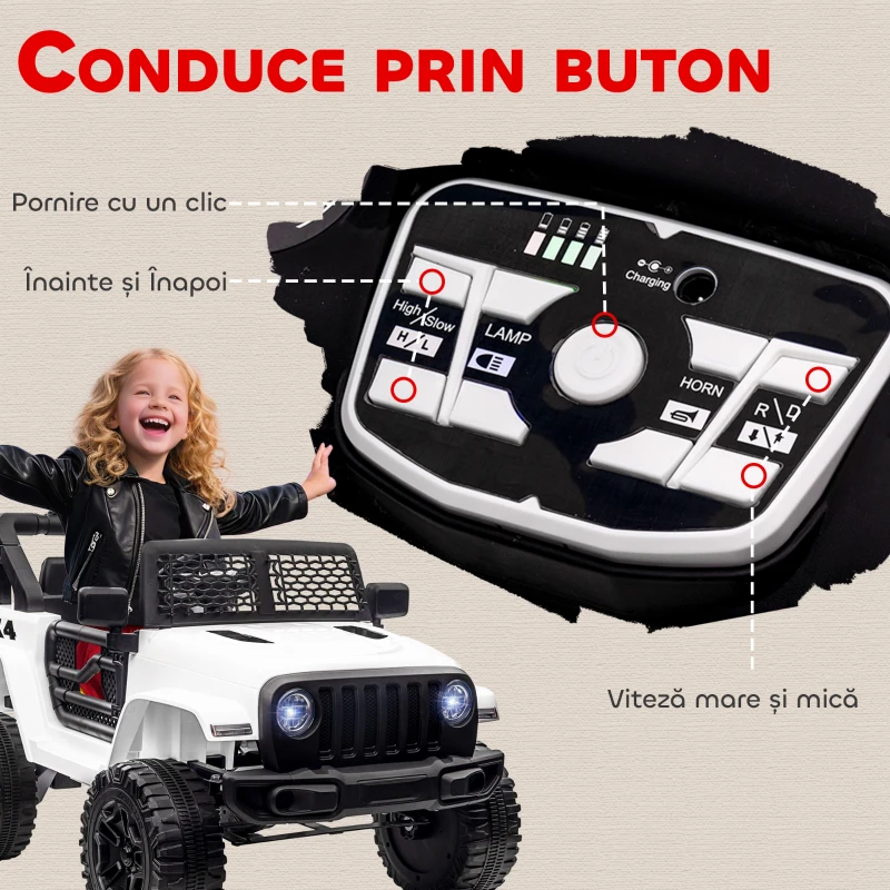 HOMCOM Masina Electrica pentru Copii Jeep Off-Road cu Telecomanda, 2 Viteze 3-5km/h, 100x65x72 cm, Alb(m-7)