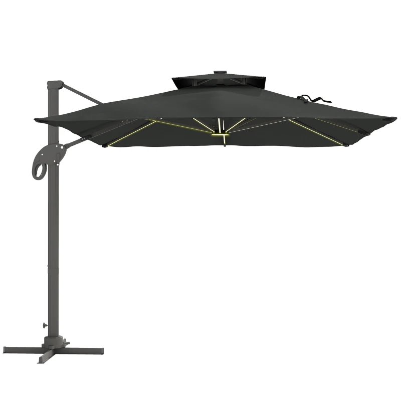 Outsunny Parasol déporté rectangulaire parasol LED inclinable pivotant manivelle acier alu. dim. 3L x 3l x 2,66H m polyester gris