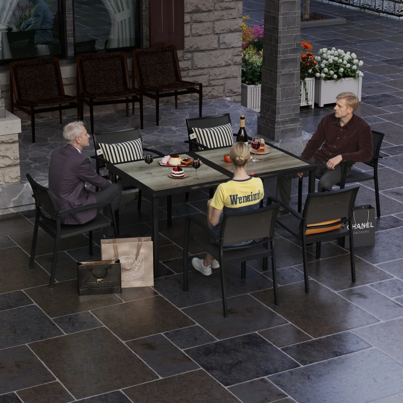 Outsunny Set da Giardino con 6 Sedie Impilabili in Tessuto a Rete e Tavolo Effetto Legno, Grigio