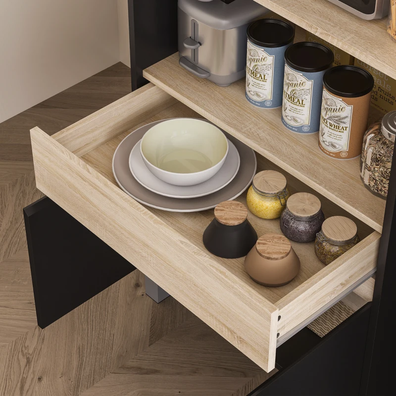 HOMCOM Mueble microondas, buffet cocina con armario cajón estante superior, 60 x 40 x 131 cm roble y negro