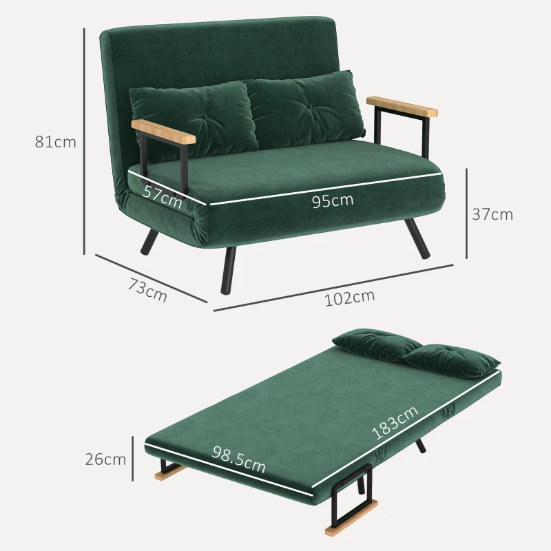 HOMCOM Canapea Pat de 2 Locuri cu Spătar Reglabil pe 5 Nivele, Canapea Pat Pliabilă cu 2 Perne, 102x73x81 cm, Verde(m-3)