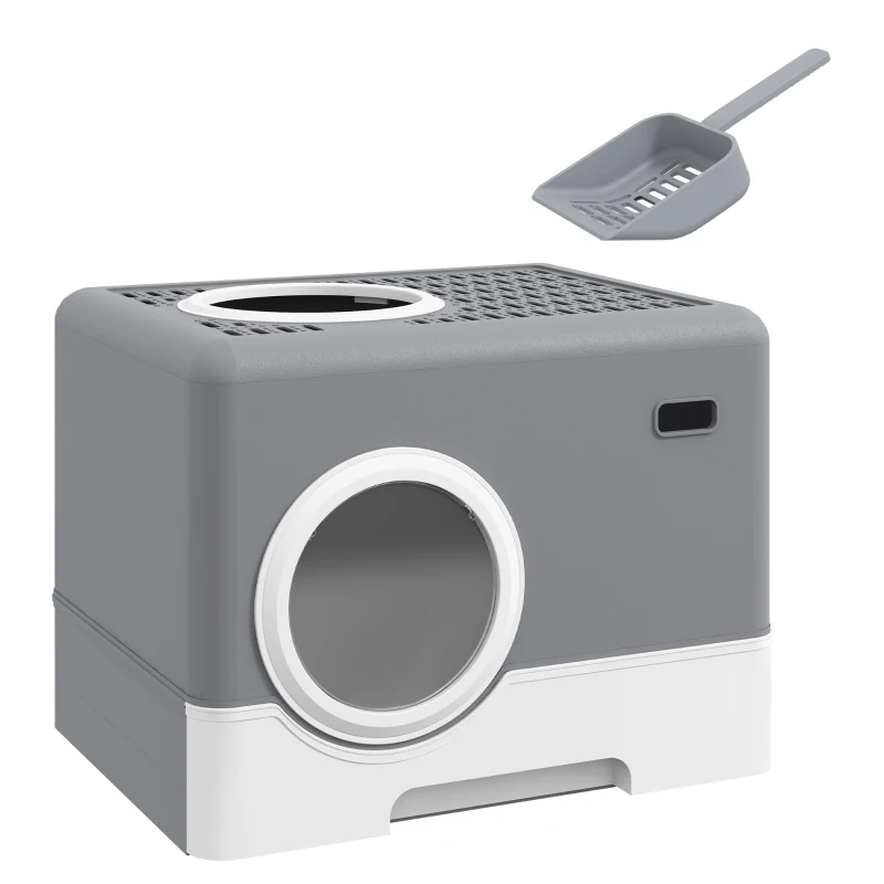 PawHut Arenero para Gatos Cubierto con Pala Bandeja Extraíble Entrada Frontal y Salida Superior 52x41x38,5 cm Gris