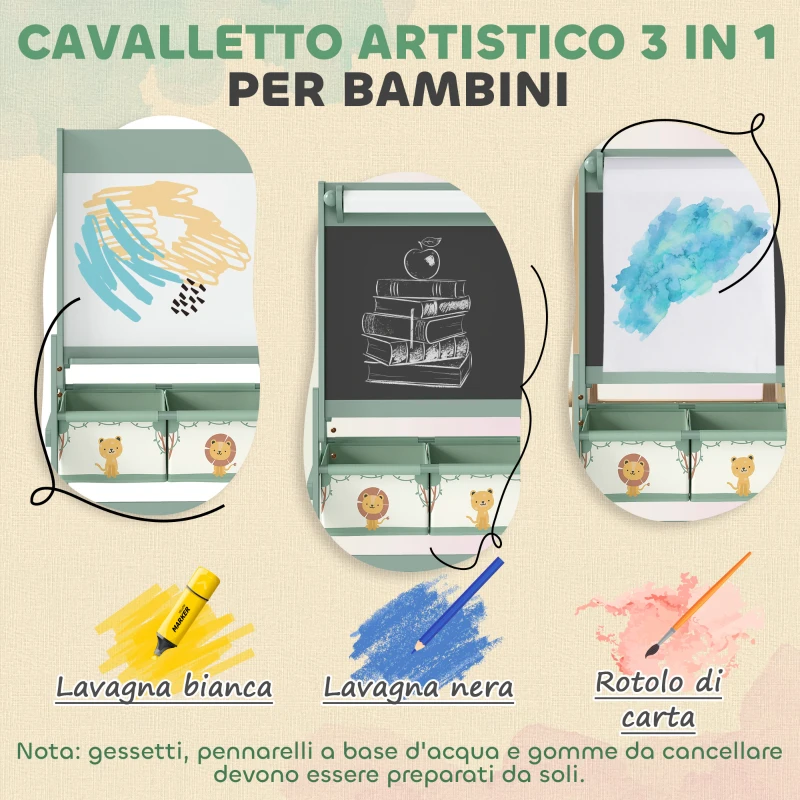 AIYAPLAY Lavagna per Bambini 3 in 1 con Cavalletto, Rotolo di Carta e 2 Cestelli, in Legno, 54x46x94 cm, Verde