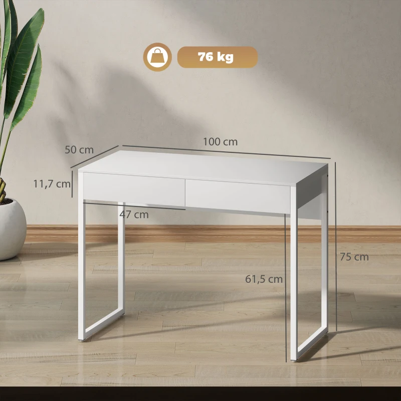 HOMCOM Escritorio con 2 cajones, mesa de ordenador 100 x 50 cm, escritorio moderno con patas de acero, para espacios pequeños, blanco brillante