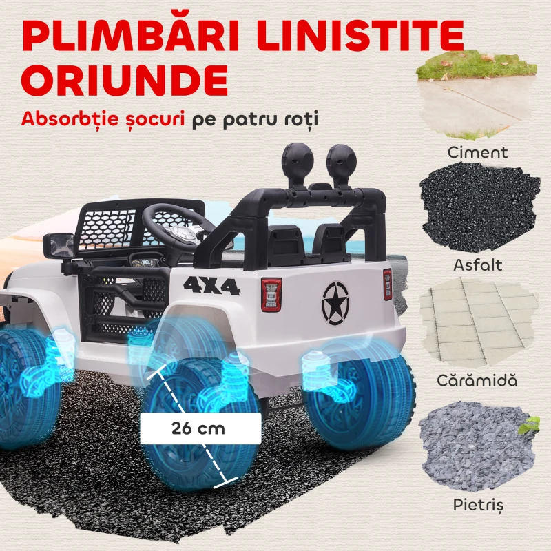 HOMCOM Masina Electrica pentru Copii Jeep Off-Road cu Telecomanda, 2 Viteze 3-5km/h, 100x65x72 cm, Alb(m-6)