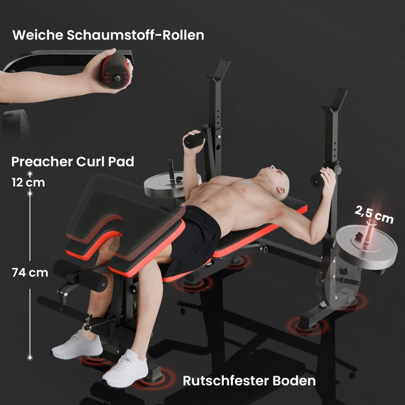 HOMCOM Hantelbank ohne Gewichte, verstellbare Fitnessbank für zahlreiche Übungen, Workout-Station, Stahl, Kunststoff, Schwarz+Rot(m-7)