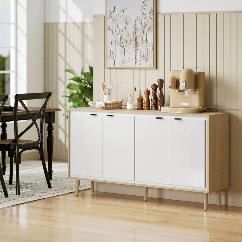 HOMCOM Credenza Moderna 4 Puertas con Estante Ajustable, 141x35x77 cm, Blanco Brillante y Roble