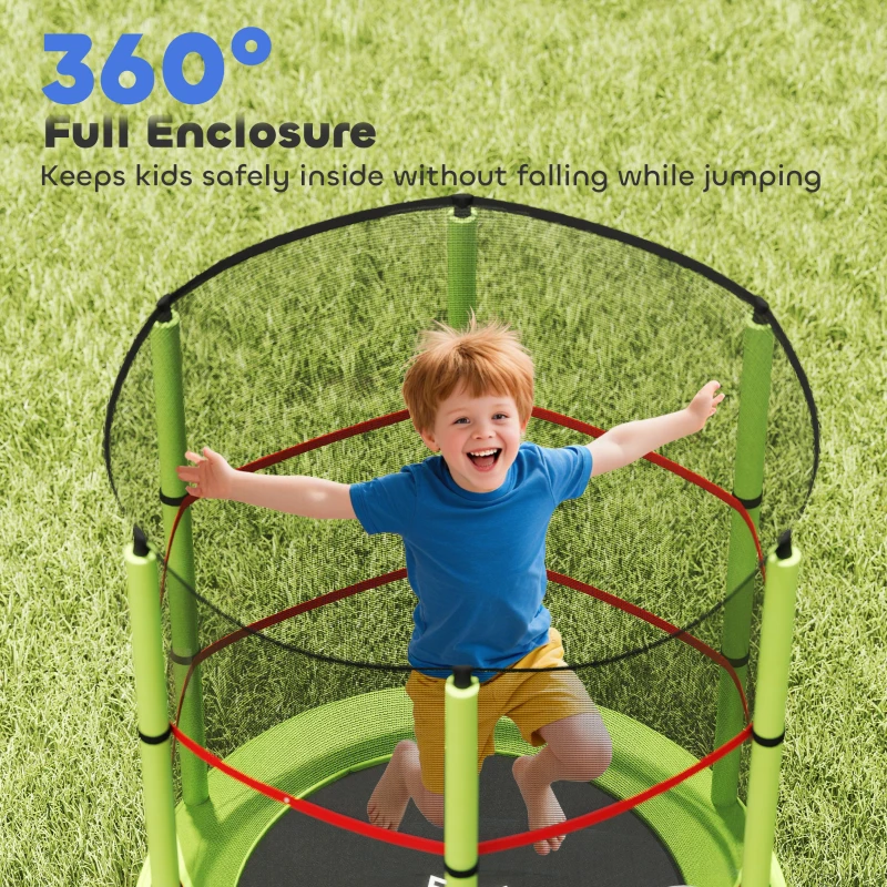 HOMCOM Saltea Elastică pentru Copii 3-6 Ani cu Plasă de Protecție, 6 Stâlpi și 3 Intrări, Ø140x190 cm, Verde