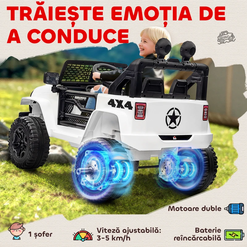 HOMCOM Masina Electrica pentru Copii Jeep Off-Road cu Telecomanda, 2 Viteze 3-5km/h, 100x65x72 cm, Alb(m-4)