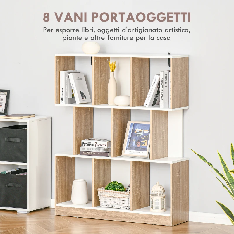 HOMCOM Mobile Libreria a 8 Ripiani per Soggiorno e Camera da Letto, in Legno, 100x27x124 cm, Rovere e Bianco