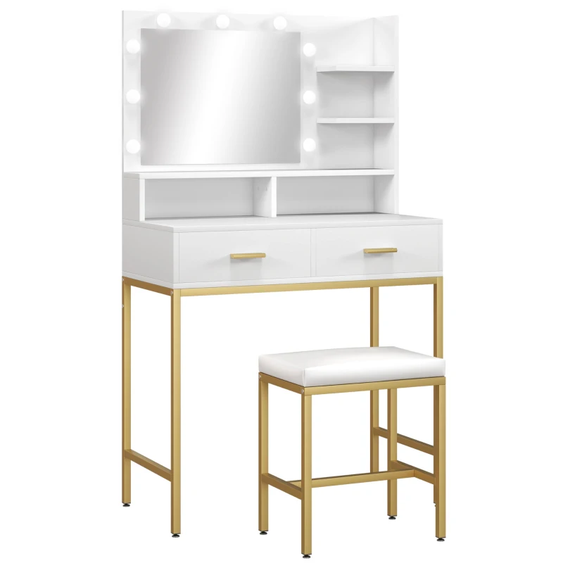 HOMCOM Masă de Toaletă cu Oglindă Luminoasă LED, 2 Sertare, 5 Rafturi și Scaun, Masă de Toaletă, 80x40x138 cm, Alb