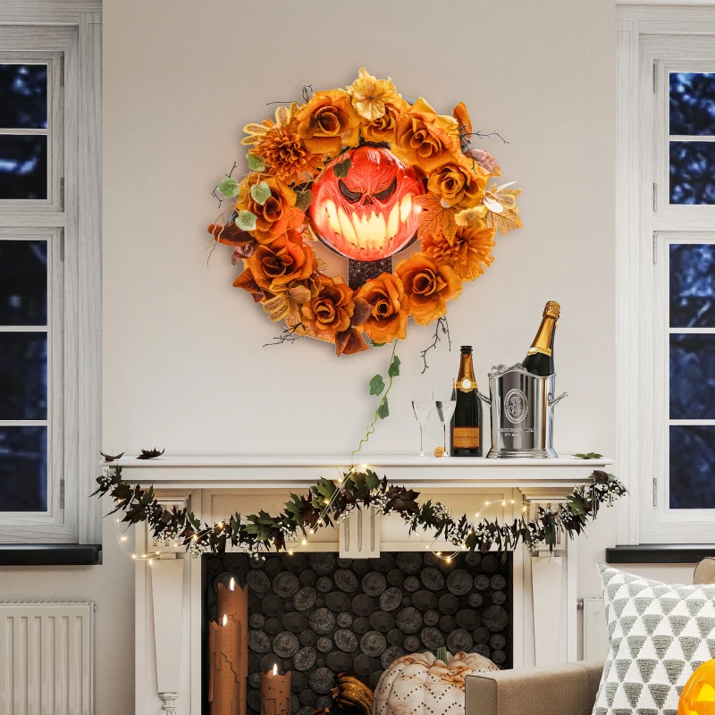Outsunny Ghirlanda Halloween, Design Spaventoso di Zucca, Foglie Autunnali, Effetti luminosi, Plastica