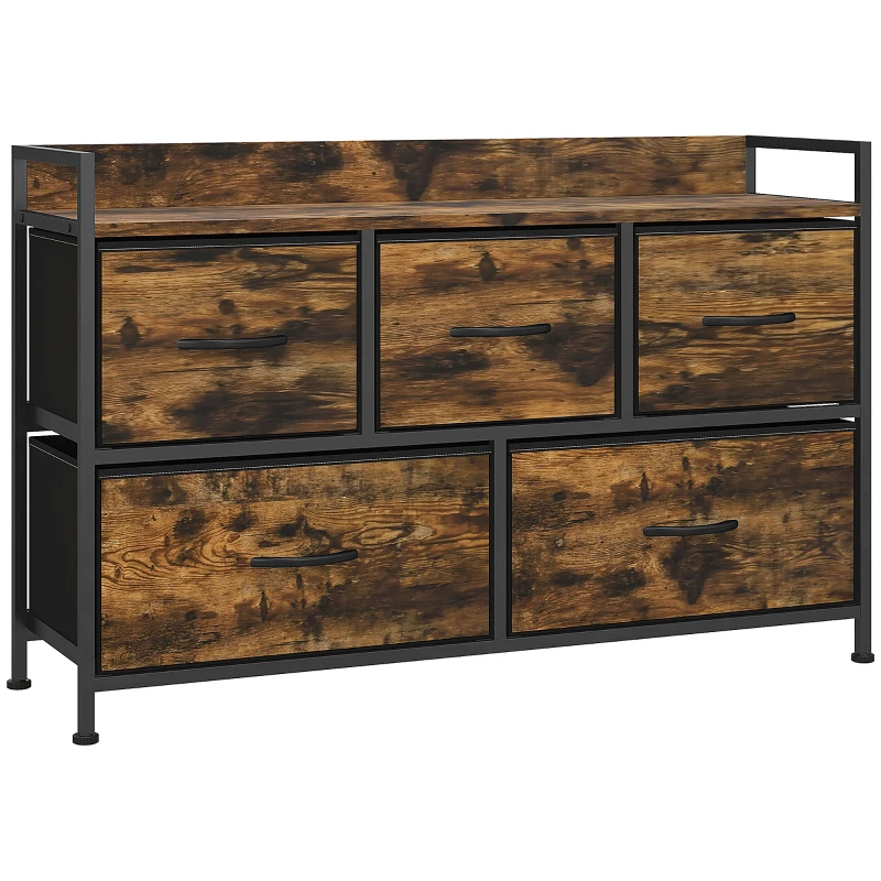 HOMCOM Cajonera de Tela con 5 Cajones y Marco Metálico Estilo Industrial para Salón Recibidor 98x29x63 cm Marrón Rústico