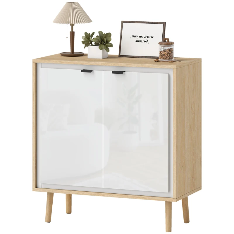 HOMCOM Moderner Kommodenschrank mit 2 Türen und verstellbarem Regal, 72x35x77 cm, Hochglanz-Weiß und Eiche