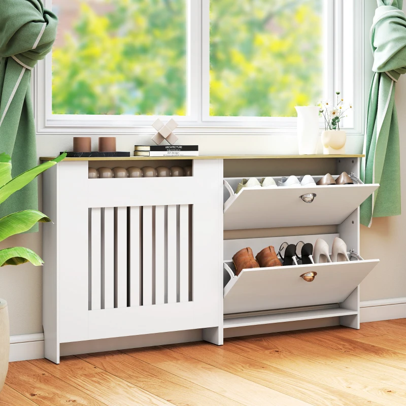 HOMCOM Copritermosifoni con Scarpiera con 2 Cassetti Ribaltabili 152x19x81 cm Bianco