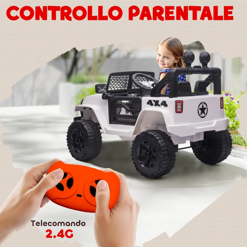 HOMCOM Macchina Elettrica per Bambini Jeep Fuoristrada con Telecomando e 2 Velocità, 100x65x72 cm, Bianco