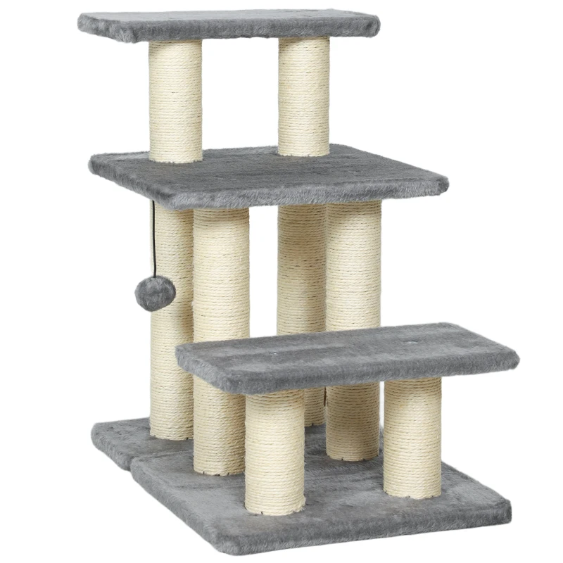 PawHut Escalera para Gatos de 3 Peldaños Altura Ajustable con Postes Rascadores y Bola Colgante Carga 10 kg 52x34,5x54 cm Gris