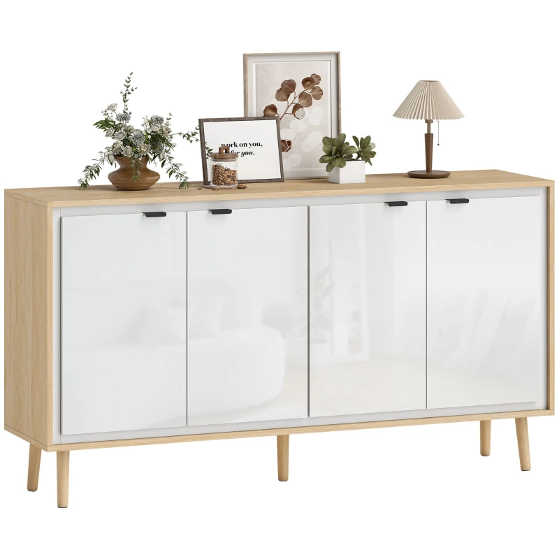 HOMCOM Modernes Sideboard mit 4 Türen und verstellbarem Regal, 141x35x77 cm, Hochglanzweiß und Eiche