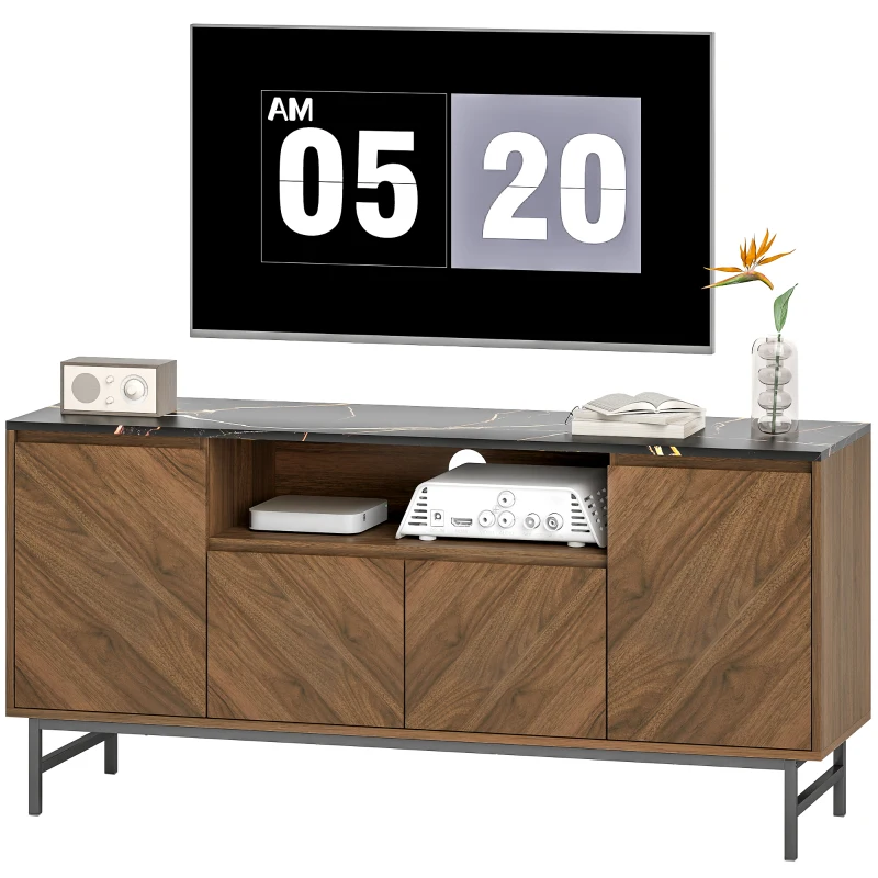 HOMCOM Meuble TV jusqu'à 65 pouces meuble télé bois avec compartiment ouvert et passe-câbles, effet marbre, 140x39x66cm, noyer