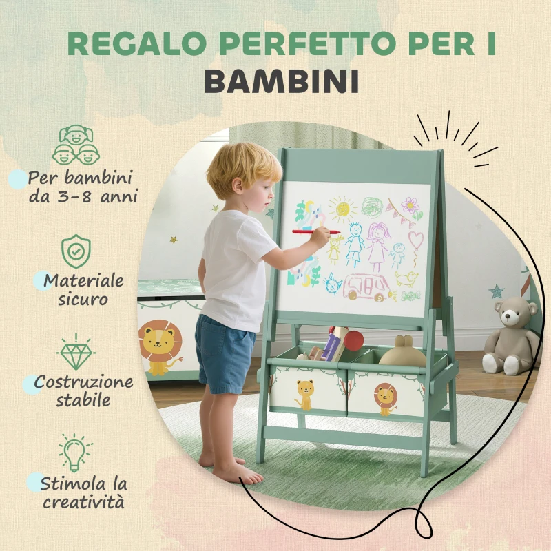 AIYAPLAY Lavagna per Bambini 3 in 1 con Cavalletto, Rotolo di Carta e 2 Cestelli, in Legno, 54x46x94 cm, Verde