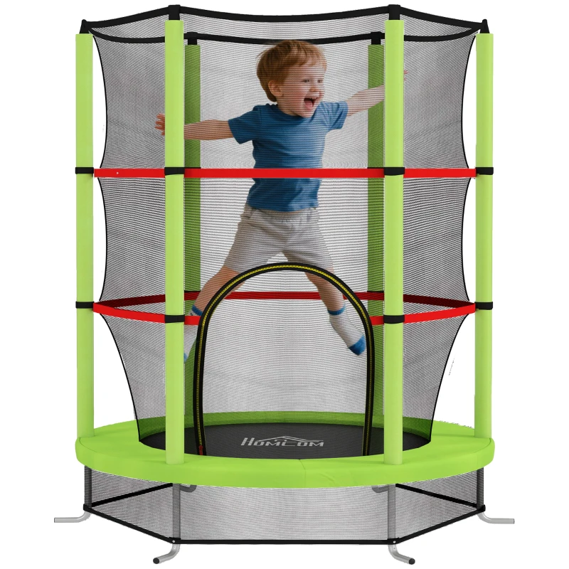 HOMCOM Saltea Elastică pentru Copii 3-6 Ani cu Plasă de Protecție, 6 Stâlpi și 3 Intrări, Ø140x190 cm, Verde