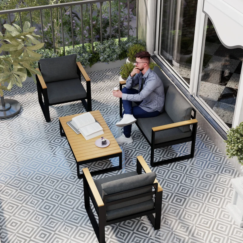 Outsunny Salotto da Giardino con Divano da Esterno, 2 Poltrone e Tavolino in Alluminio, Grigio