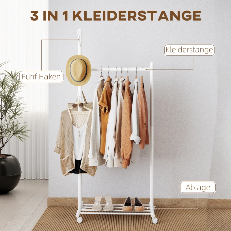 HOMCOM Kledingrek op wielen, mobiele garderobe met kledingstang, 5 haken, schoenenrek wit