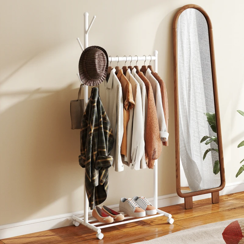 HOMCOM Kledingrek op wielen, mobiele garderobe met kledingstang, 5 haken, schoenenrek wit