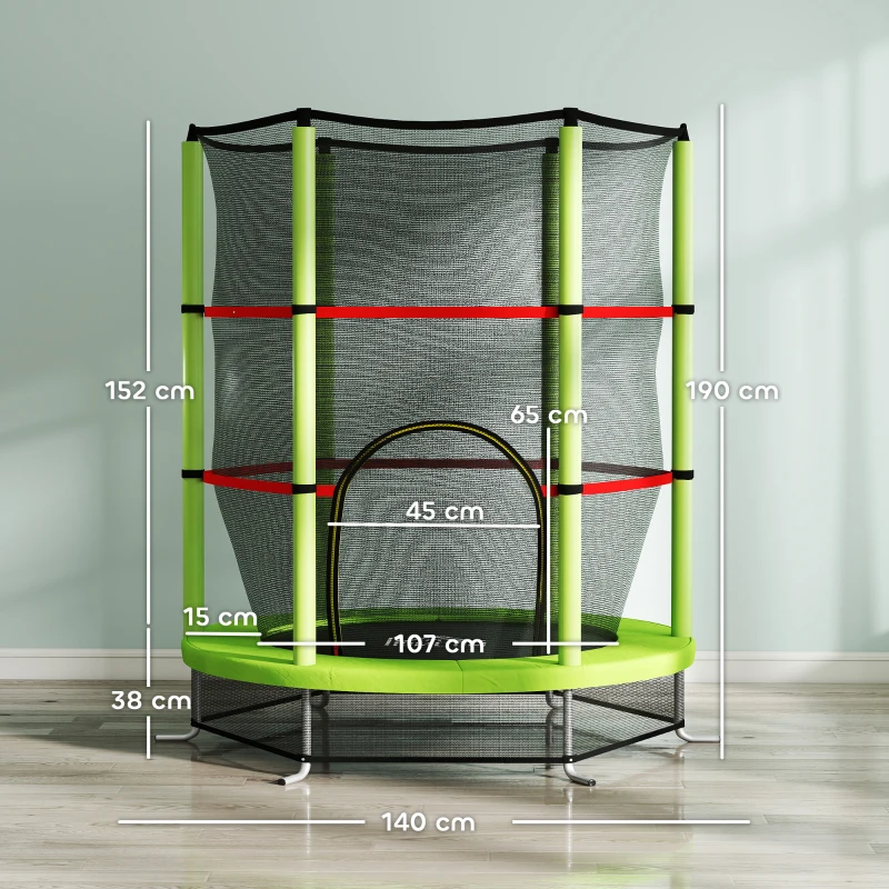 HOMCOM Saltea Elastică pentru Copii 3-6 Ani cu Plasă de Protecție, 6 Stâlpi și 3 Intrări, Ø140x190 cm, Verde