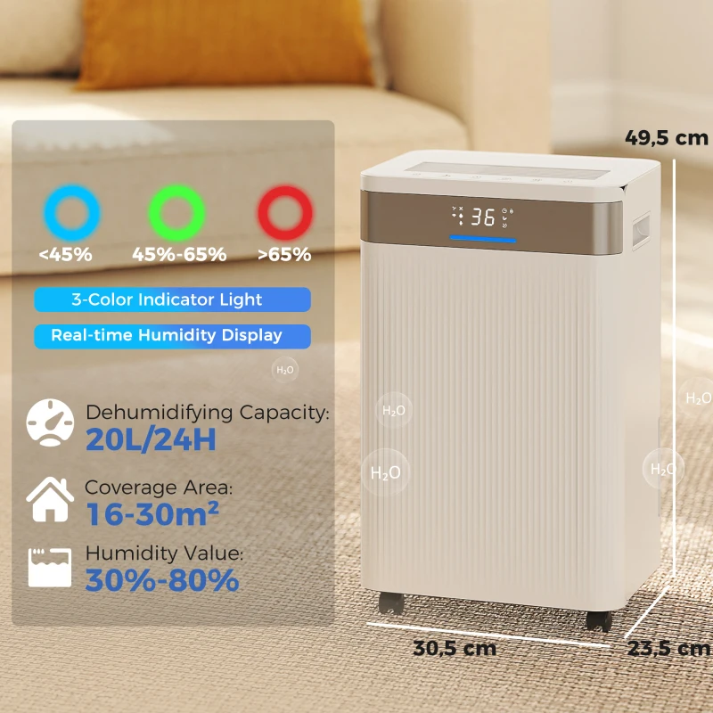 HOMCOM Deumidificatore, Serbatoio da 4,5 Litri, Timer 24 Ore, Display LED, Plastica, Bianco