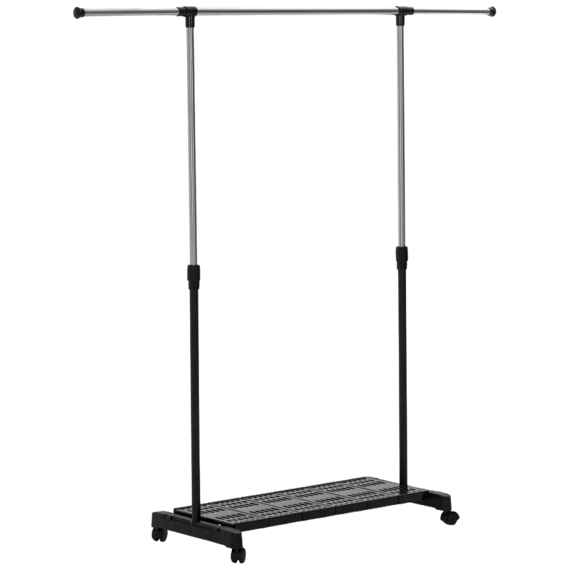 HOMCOM Stender Appendiabiti Estensibile con Ruote, Asta in Acciaio Inox e Ripiano per Scarpe 159x42x168 cm Nero e Argento