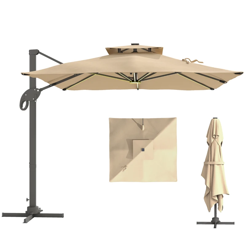 Outsunny Parasol déporté LED carré double toit inclinable pivotant 360° manivelle piètement acier dim. 3L x 3l x 2,66H m beige